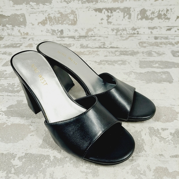 New Nine West Unah 3 Black Faux Leather Slide In Heels V245 - Picture 4 of 12